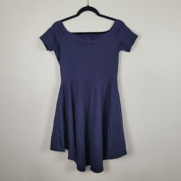 Sarin Mathews Junior's L Navy Off Shoulder Hi Low Dress Short Sleeve Homecoming - Picture 2 of 4
